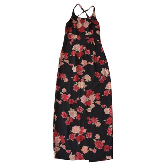 Y2K Grunge Black and Pink Floral Halter Maxi Dress by Rampage - Picture 1 of 7
